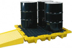 Eagle - 66 Gal Sump, 6,000 Lb Capacity, 4 Drum, Polyethylene Spill Deck or Pallet - 58-1/2" Long x 58-1/2" Wide x 13.43" High, Yellow, Liftable Fork, Drain Included, Low Profile, Vertical, 2 x 2 Drum Configuration - Exact Industrial Supply