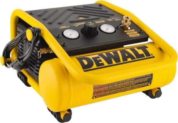 DeWALT - 0.3 HP, 0.6 CFM H, Carry Electric Oil Free Compressor - 1.0 Gallon Tank, 2.6 Amp, 135 Max psi, 120V - Exact Industrial Supply