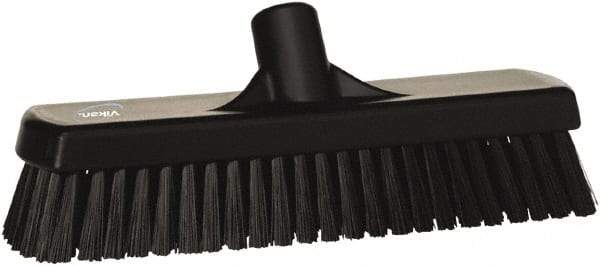 Vikan - 1.7" Bristle Length, Polyester Scrub Brush - 11-1/4" Long x 3" Wide Head, 12" OAL, European Threaded Handle, Black, Polypropylene Block - Exact Industrial Supply