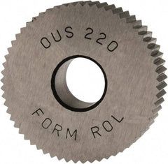 Made in USA - 1" Diam, 90° Tooth Angle, 20 TPI, Standard (Shape), Form Type High Speed Steel Straight Knurl Wheel - 3/8" Face Width, 5/16" Hole, Circular Pitch, Bright Finish, Series OU - Exact Industrial Supply