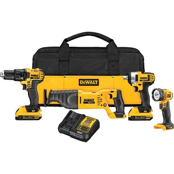 DeWALT - 20 Volt Cordless Tool Combination Kit - Includes 1/2" Drill/Driver, 1/2" Impact Wrench, Reciprocating Saw & Handheld Light, Lithium-Ion Battery Included - Exact Industrial Supply