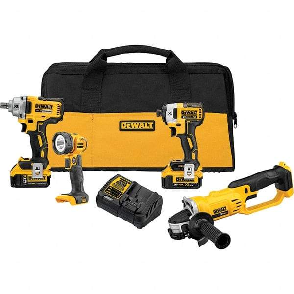 DeWALT - 20 Volt Cordless Tool Combination Kit - Includes Impact Wrench; Impact Driver; Cut-Off Tool; Handheld Light, Lithium-Ion Battery Included - Exact Industrial Supply