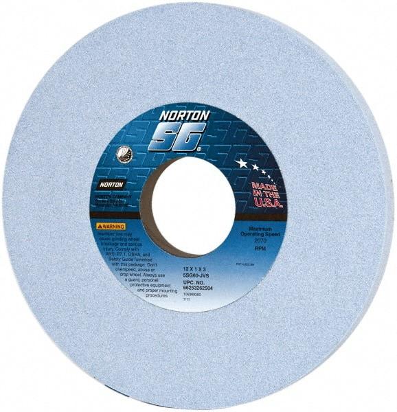 Norton - 12" Diam x 3" Hole x 1" Thick, J Hardness, 60 Grit Surface Grinding Wheel - Ceramic, Type 1, Medium Grade, 2,070 Max RPM, Vitrified Bond, No Recess - Exact Industrial Supply