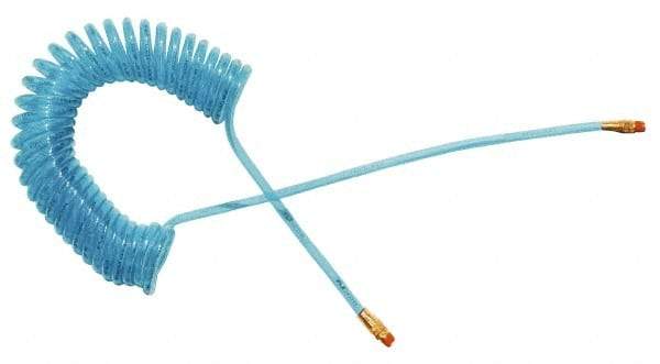 Coilhose Pneumatics - 3/8" ID, 1/4 Thread, 15' Long, Transparent Blue Polyurethane Coiled & Self Storing Hose - 115 Max psi, Male Swivel x Male Swivel - Exact Industrial Supply