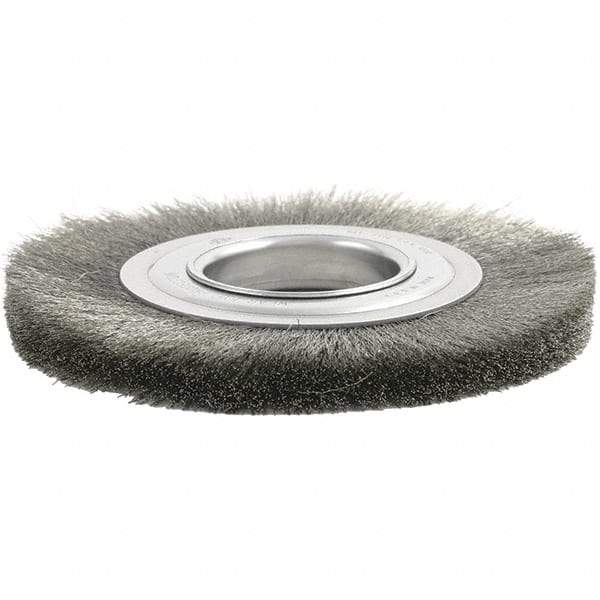 Brush Research Mfg. - 4" OD, 1/2 & 5/8" Arbor Hole, Crimped Stainless Steel Wheel Brush - 3/8" Face Width, 7/8" Trim Length, 6,000 RPM - Exact Industrial Supply