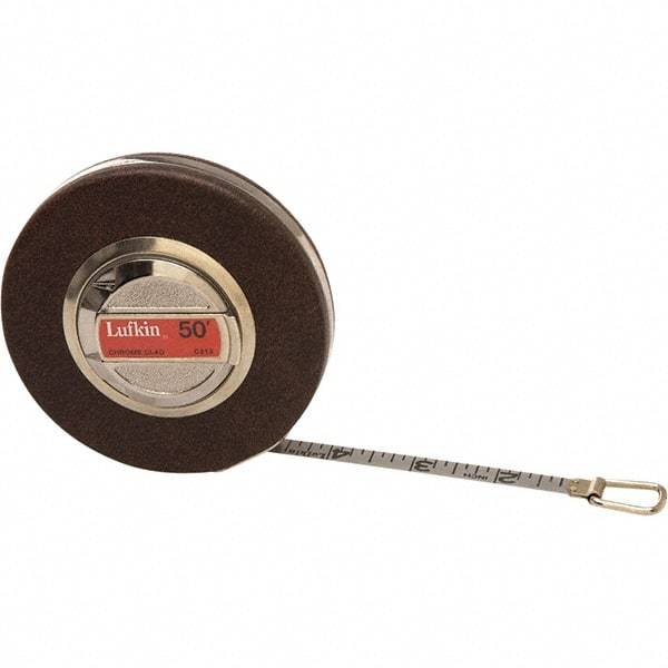 Lufkin - 50' x 3/8" White Steel Blade Tape Measure - 1/10 & 1/100" Graduation, Inch Graduation Style, Brown Vinyl Clad Steel Case - Exact Industrial Supply