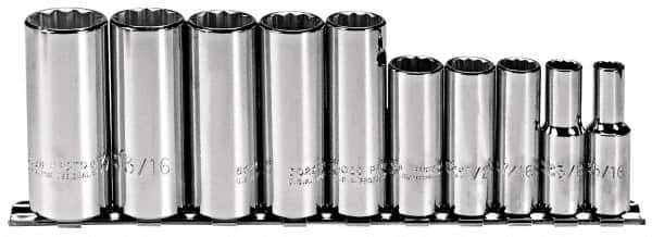 Proto - 10 Piece 3/8" Drive Deep Well Socket Set - 12 Points, 5/16" to 7/8" Range, Inch Measurement Standard - Exact Industrial Supply