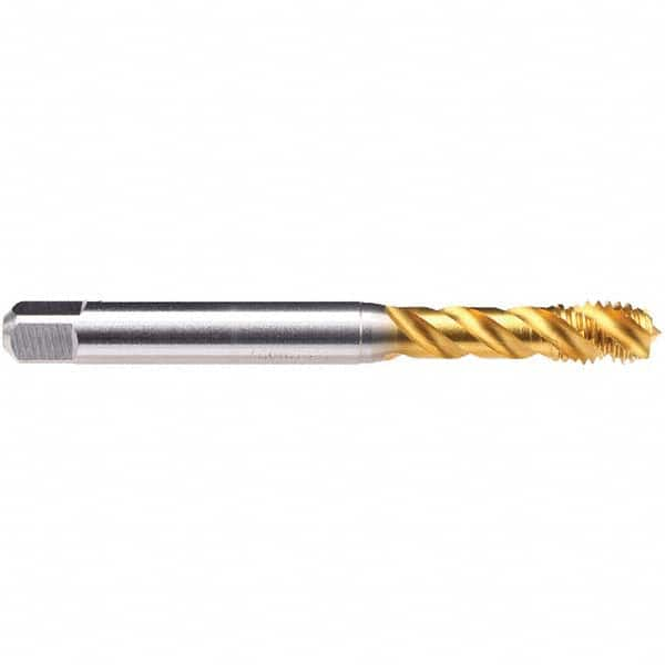 Spiral Flute Tap: M10 x 1.50, Metric, 2-3 P, 6HX Class of Fit, Powdered Metal & High Speed Steel, TiN Finish Right Hand Flute, Right Hand Thread, D5