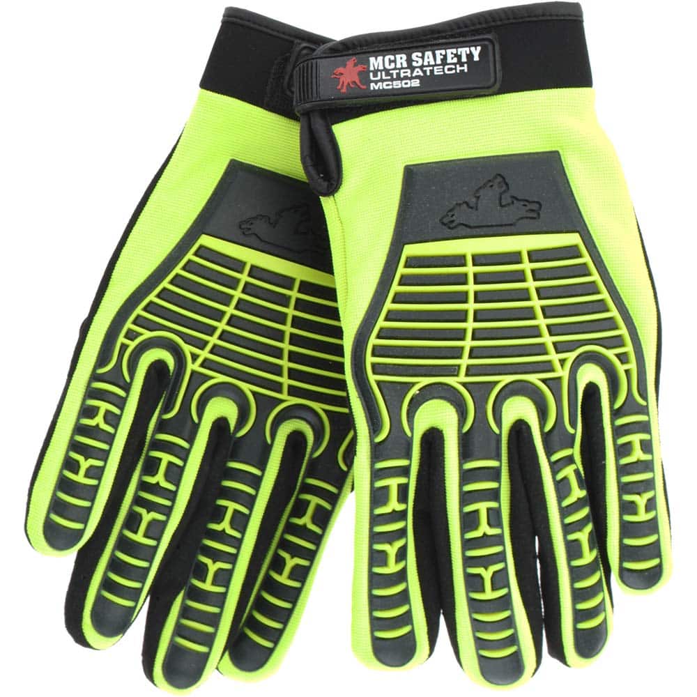 Size L Synthetic Abrasion Protection Work Gloves For General Purpose, Adjustable Closure Cuff, Full Fingered, Black/Green/Red, Paired