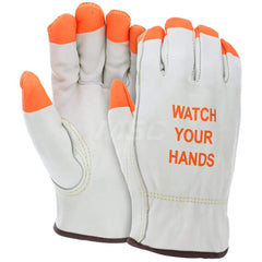 Size XL Leather Abrasion Protection Work Gloves For Work & Driver, Slip-On Cuff, Full Fingered, Beige/Orange, Paired