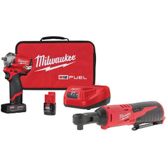 Milwaukee Tool - Cordless Impact Wrenches & Ratchets; Voltage: 12.00 ; Drive Size (Inch): 3/8 ; Battery Chemistry: Lithium-Ion ; Handle Type: Pistol Grip ; Torque (N/m): 338.95 ; Torque (Ft/Lb): 250 - Exact Industrial Supply