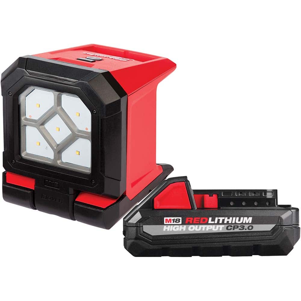Milwaukee Tool - Cordless Work Lights; Voltage: 18 ; Run Time: Up to 22 Hrs. ; Lumens: 1500 ; Color: Red/Black ; Includes: M18 18V 3.0AH Red Lithium Battery ; PSC Code: 6210 - Exact Industrial Supply