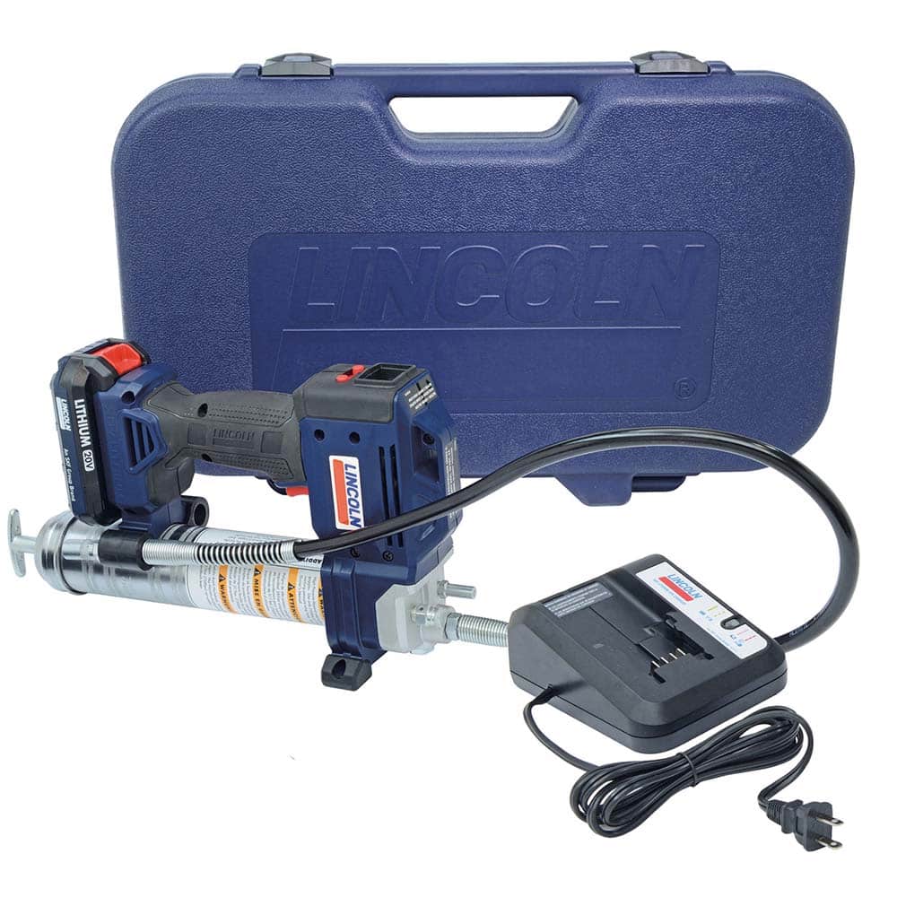 Lincoln - Grease Guns; Type: Battery-Operated Grease Gun ; Capacity (oz.): 14.50 ; Hose Length (Inch): 36 ; Rigid or Flexible Hose: Flexible ; Fill Type: Cartridge ; Continuous Flow Rate (oz./min): 3.50 - Exact Industrial Supply