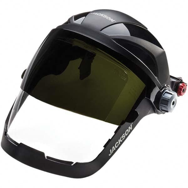 Face Shield: Chemical Splash & Debris Polycarbonate, Black, 9″ High, 12″ Wide, Includes UV/IR Flip Up Shield
