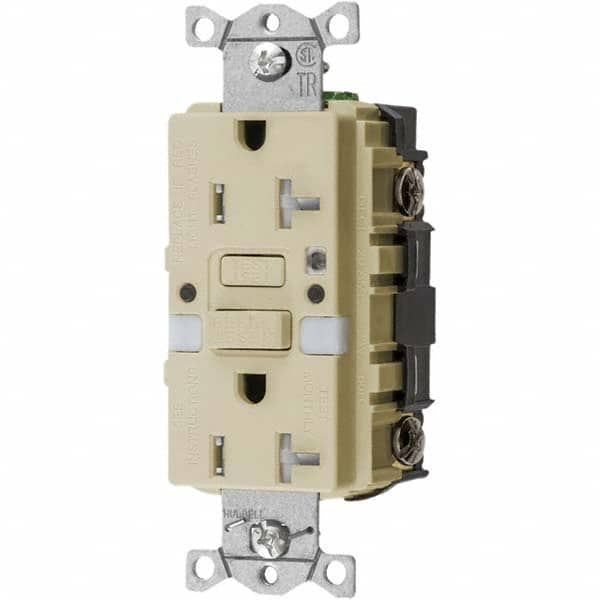 GFCI Receptacles; Grade: Commercial; Color: Ivory; NEMA Configuration: 5-20R; Amperage: 20; Reset Type: Manual; Voltage: 125 VAC; Wiring Method: Side; Back; Body Material: Thermoplastic Nylon; Flange Style: No Flange; Flange Included: No; Amperage: 20 A;