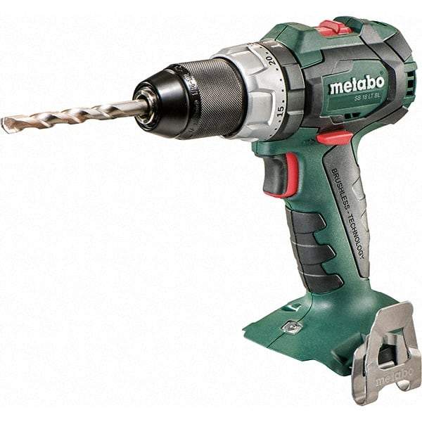 Metabo - 18 Volt 1/16 to 1/2" Keyless Chuck Cordless Hammer Drill - 31950 BPM, 600 to 2,100 RPM, Reversible, Pistol Grip Handle - Exact Industrial Supply