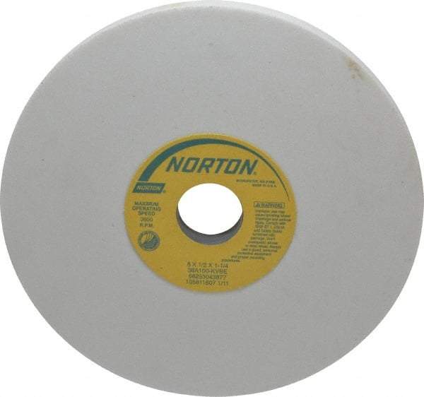 Norton - 8" Diam x 1-1/4" Hole x 1/2" Thick, K Hardness, 100 Grit Surface Grinding Wheel - Aluminum Oxide, Type 1, Fine Grade, 3,600 Max RPM, Vitrified Bond, No Recess - Exact Industrial Supply