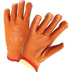 Cut, Puncture & Abrasive-Resistant Gloves: Size M, ANSI Cut A4, ANSI Puncture 5, Goatskin Leather Brown, 10″ OAL, Aramid Lined, Goatskin Leather Back, Leather Grip, ANSI Abrasion 2
