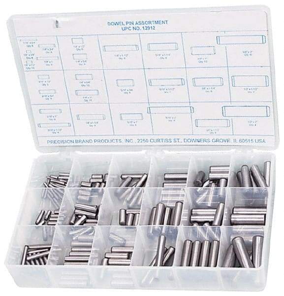 Precision Brand - 176 Piece, 1/16 to 1/2" Pin Diam, Dowel Pin Assortment - 1/2 to 2" Long, Steel, Uncoated - Exact Industrial Supply