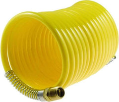 Coilhose Pneumatics - 1/4" ID, 1/4 Thread, 12' Long, Yellow Nylon Coiled & Self Storing Hose - 185 Max psi, Male Rigid x Male Swivel - Exact Industrial Supply