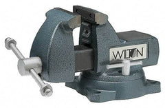 Wilton - 8" Jaw Width x 8-1/4" Jaw Opening Capacity, 4-3/4" Throat Depth, Bench & Pipe Combination Vise - 1/4 to 3-1/2" Pipe Capacity, Swivel Base, Bolt Down Attachment, Ductile Iron - Exact Industrial Supply