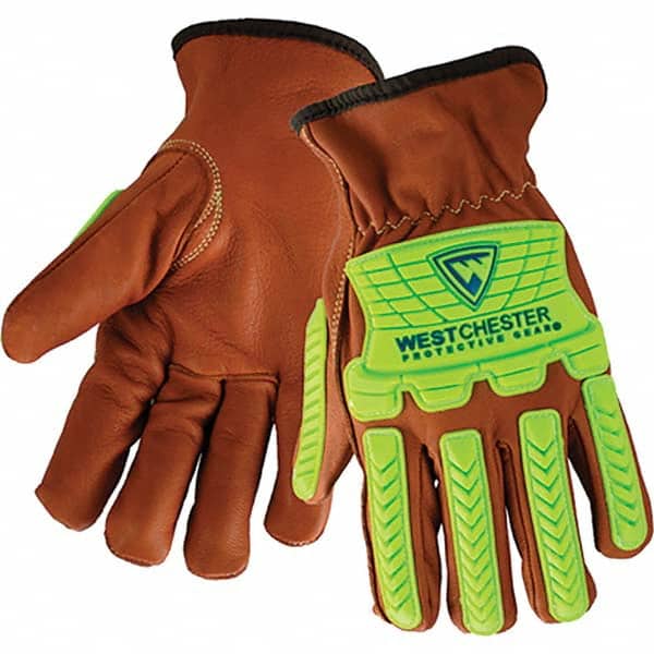 Cut, Puncture & Abrasive-Resistant Gloves: Size 2XL, ANSI Cut A4, ANSI Puncture 5, Goatskin Leather Brown, 11.5″ OAL, Aramid Lined, Thermoplastic Elastomer Back, Leather Grip, ANSI Abrasion 2