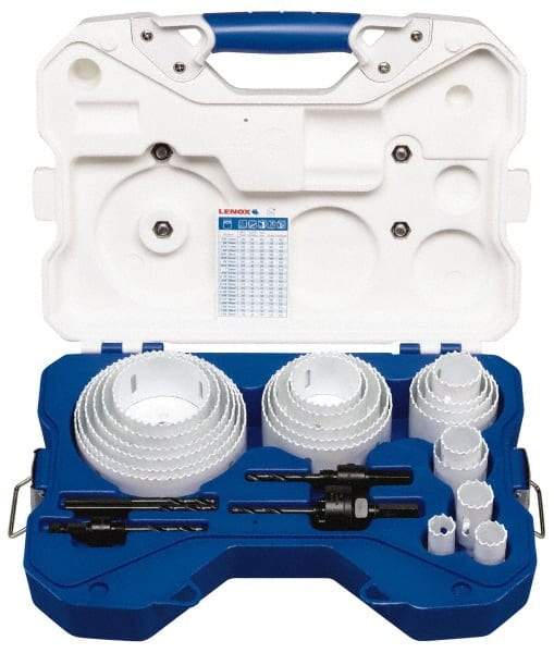 Lenox - 26 Piece, 3/4" to 4-3/4" Saw Diam, Contractor's Hole Saw Kit - Bi-Metal, Pilot Drill Model No. 56PD, Includes 20 Hole Saws - Exact Industrial Supply