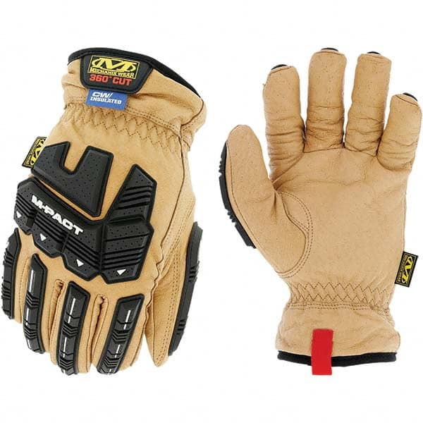 Cut-Resistant Gloves: Size L, ANSI Cut A9, Leather Black & Tan, 9.2″ OAL, Cotton, Kevlar & Polyester Lined, Thermoplastic Elastomer Back, Grain Leather Grip