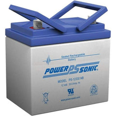 Power-Sonic - Lead-Acid, Nut/Bolt Terminal, 12 Volt, 33 Amp, Lead Rechargeable Battery - 6mm Hole Diam, 6mm Tab Thickness, 5.14" Wide x 6.22" High x 7.72" Deep - Exact Industrial Supply