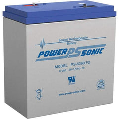 Power-Sonic - Lead-Acid, Quick-Disconnect Tab Terminal, 6 Volt, 36 Amp, Lead Rechargeable Battery - 1/4" Tab Width x 0.8mm Tab Thickness, 3.35" Wide x 6-1/2" High x 6-1/4" Deep - Exact Industrial Supply