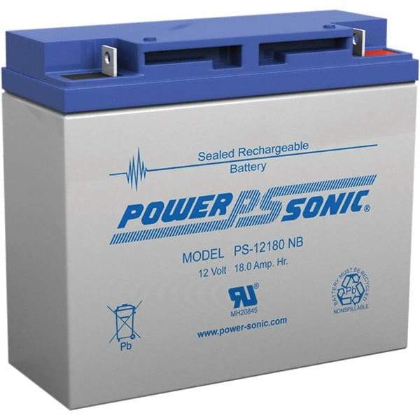 Power-Sonic - Lead-Acid, Nut/Bolt Terminal, 12 Volt, 18 Amp, Lead Rechargeable Battery - 5mm Hole Diam, 2mm Tab Thickness, 3" Wide x 6.59" High x 7.13" Deep - Exact Industrial Supply