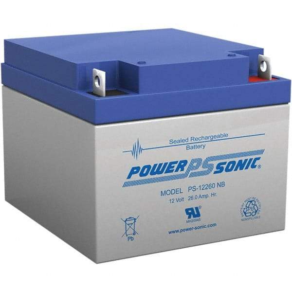 Power-Sonic - Lead-Acid, Nut/Bolt Terminal, 12 Volt, 26 Amp, Lead Rechargeable Battery - 5mm Hole Diam, 2mm Tab Thickness, 6.97" Wide x 4.92" High x 6.56" Deep - Exact Industrial Supply