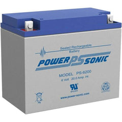 Power-Sonic - Lead-Acid, Nut/Bolt Terminal, 6 Volt, 20 Amp, Lead Rechargeable Battery - 5mm Hole Diam, 2mm Tab Thickness, 3.27" Wide x 4.92" High x 6.18" Deep - Exact Industrial Supply