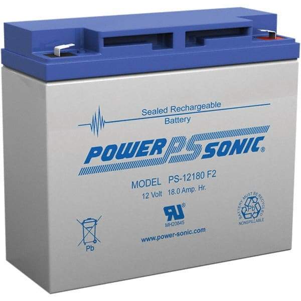 Power-Sonic - Lead-Acid, Quick-Disconnect Tab Terminal, 12 Volt, 18 Amp, Lead Rechargeable Battery - 1/4" Tab Width x 0.8mm Tab Thickness, 3" Wide x 6.59" High x 7.13" Deep - Exact Industrial Supply