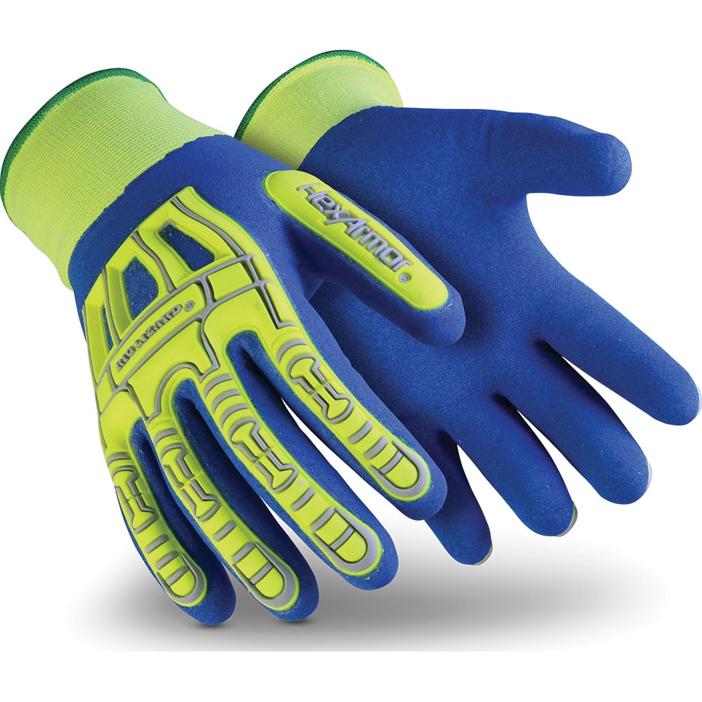 Cut & Puncture-Resistant Gloves: Size XS, ANSI Cut A1, ANSI Puncture 2, Nitrile, Nylon & Spandex Blend Blue & High-Visibility, Full Coated, IR-X Impact Exoskeleton Back, Sandy Grip