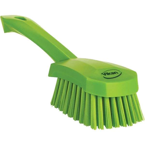 Vikan - 1.3" Bristle Length, Polyester Scrub Brush - 4-1/4" Long x 2-3/4" Wide Head, 10" OAL, Ergonomic Handle, Green, Polypropylene Block - Exact Industrial Supply
