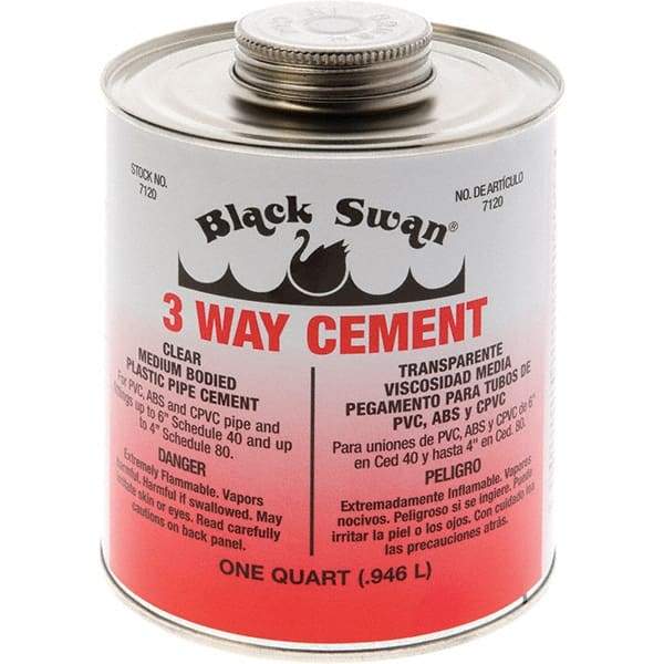 Black Swan - 1 Qt Medium Bodied Cement - Clear, Use with ABS, PVC & CPVC up to 6" Diam - Exact Industrial Supply