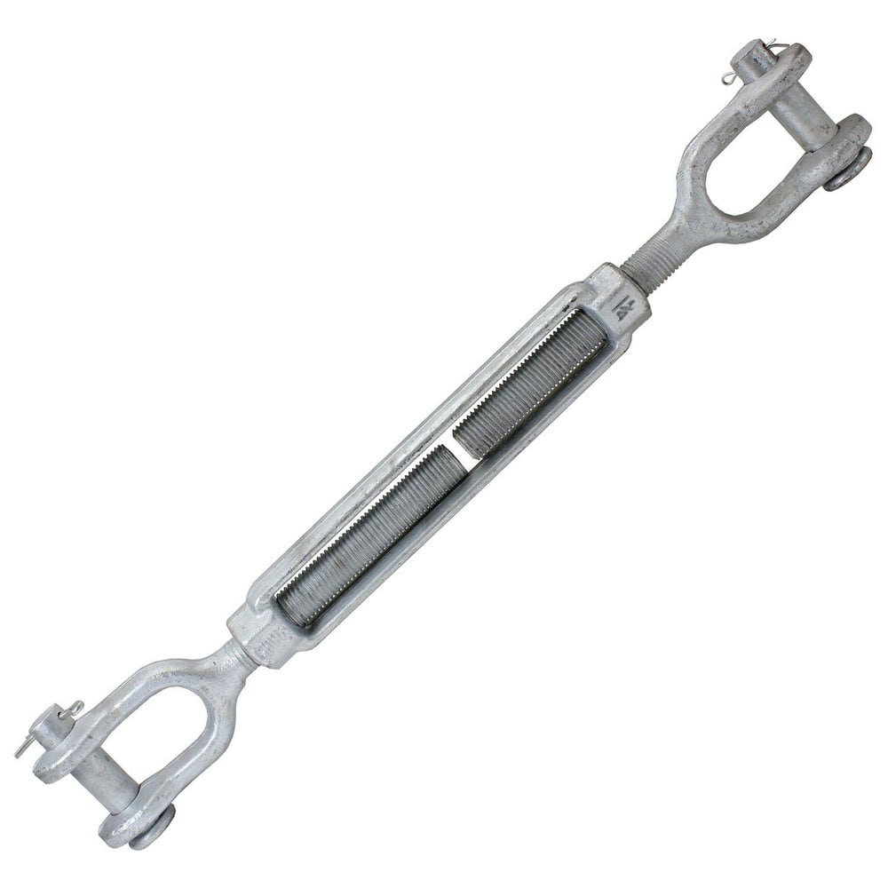 Turnbuckles; Turnbuckle Type: Jaw & Jaw; Working Load Limit: 15200 lb; Thread Size: 1-1/4-12 in; Turn-up: 12 in; Closed Length: 29.54 in; Material: Steel; Finish: Galvanized