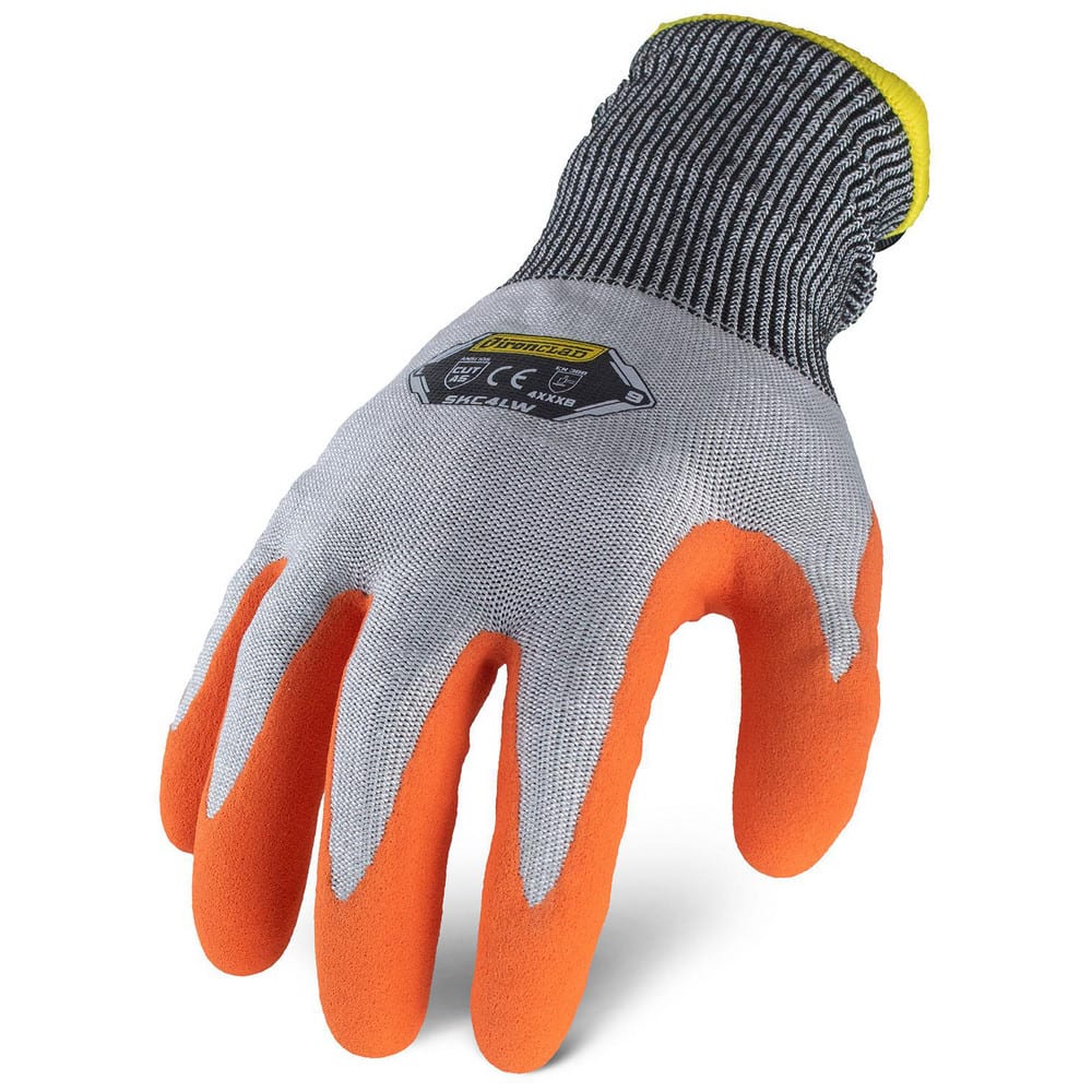 Puncture-Resistant Gloves:  Size  X-Small,  ANSI Cut  A6,  ANSI Puncture  4,  Latex,  HPPE/Steel Blended Knit Gray & Orange,  Palm & Fingertips Coated,  Acrylic Lined,  HPPE Fiber/Stainless Steel Back,  Sandy Grip,  ANSI Abrasion  Not Tested