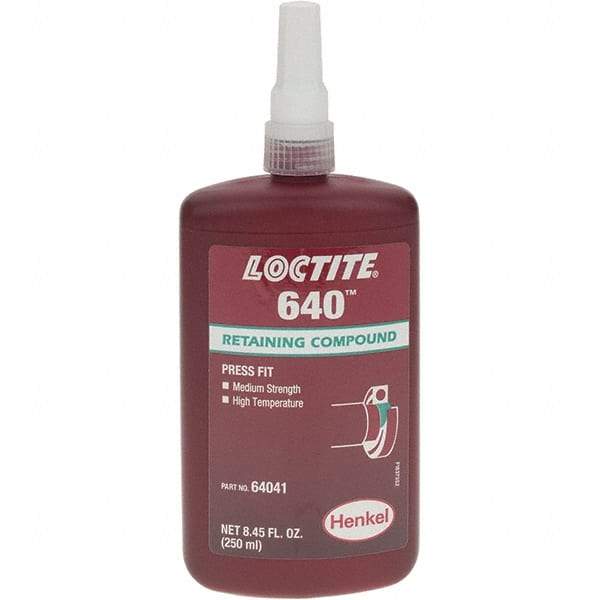 Loctite - 250 mL, Green, Medium Strength Liquid Retaining Compound - Series 640, 24 hr Full Cure Time - Exact Industrial Supply