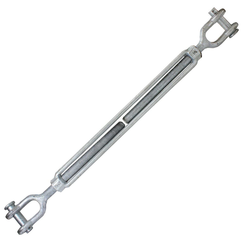 Turnbuckles; Turnbuckle Type: Jaw & Jaw; Working Load Limit: 15200 lb; Thread Size: 1-1/4-24 in; Turn-up: 24 in; Closed Length: 41.54 in; Material: Steel; Finish: Galvanized