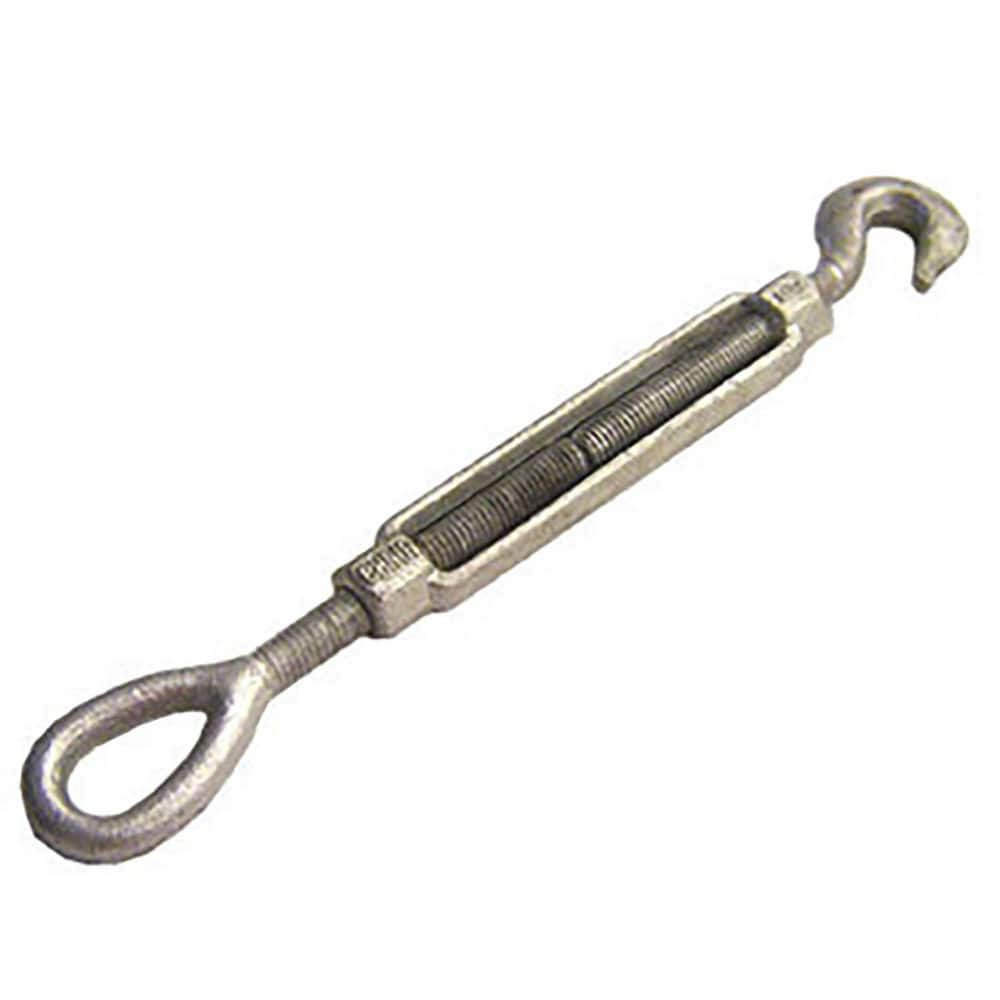 Turnbuckles; Turnbuckle Type: Hook & Eye; Working Load Limit: 2250 lb; Thread Size: 5/8-12 in; Turn-up: 12 in; Closed Length: 21.47 in; Material: Steel; Finish: Galvanized
