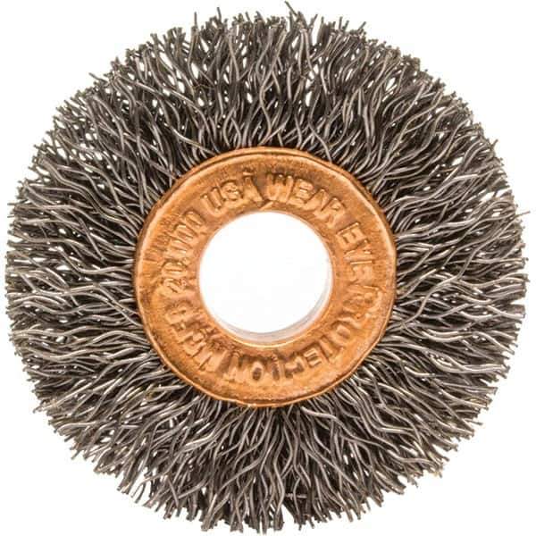 Brush Research Mfg. - 1-1/2" OD, 3/8" Arbor Hole, Crimped Carbon Wheel Brush - 1/4" Face Width, 3/8" Trim Length, 20,000 RPM - Exact Industrial Supply