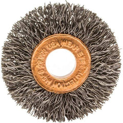 Brush Research Mfg. - 1-1/2" OD, 3/8" Arbor Hole, Crimped Carbon Wheel Brush - 1/4" Face Width, 3/8" Trim Length, 20,000 RPM - Exact Industrial Supply