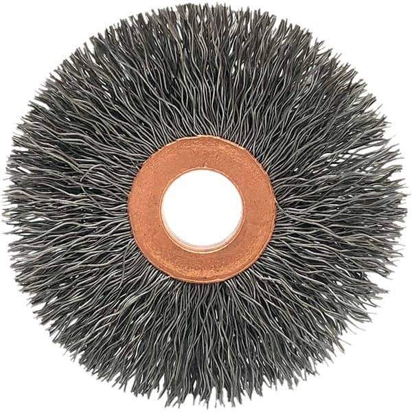 Brush Research Mfg. - 2-1/2" OD, 5/8" Arbor Hole, Crimped Carbon Wheel Brush - 1/2" Face Width, 3/4" Trim Length, 20,000 RPM - Exact Industrial Supply