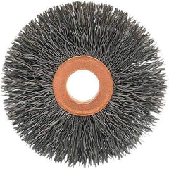 Brush Research Mfg. - 3" OD, 1/2" Arbor Hole, Crimped Carbon Wheel Brush - 5/8" Face Width, 1-1/16" Trim Length, 20,000 RPM - Exact Industrial Supply