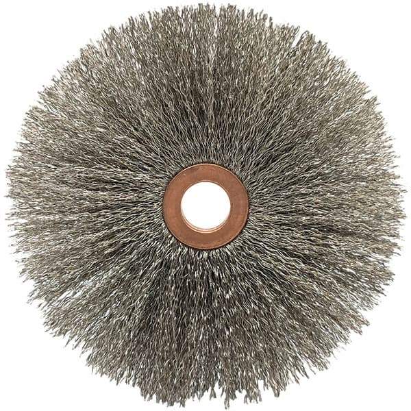 Brush Research Mfg. - 4" OD, 5/8" Arbor Hole, Crimped Stainless Steel Wheel Brush - 5/8" Face Width, 1-9/16" Trim Length, 20,000 RPM - Exact Industrial Supply