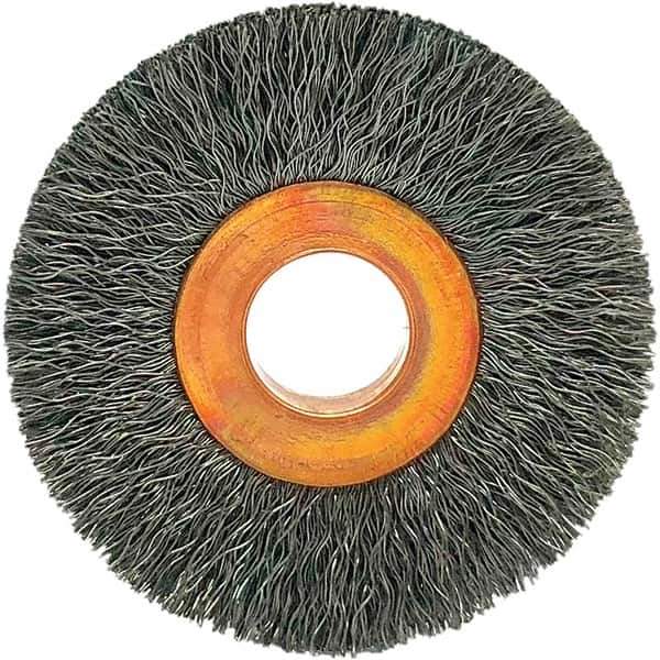 Brush Research Mfg. - 1-1/2" OD, 3/8" Arbor Hole, Crimped Carbon Wheel Brush - 1/4" Face Width, 3/8" Trim Length, 20,000 RPM - Exact Industrial Supply
