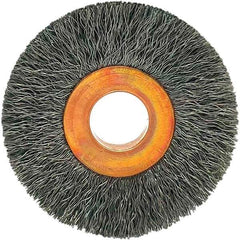 Brush Research Mfg. - 1-1/2" OD, 3/8" Arbor Hole, Crimped Carbon Wheel Brush - 1/4" Face Width, 3/8" Trim Length, 20,000 RPM - Exact Industrial Supply