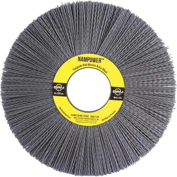 Brush Research Mfg. - 8" OD, 2" Arbor Hole, Crimped Abrasive Nylon Wheel Brush - 1" Face Width, 2-1/2" Trim Length, 3,600 RPM - Exact Industrial Supply